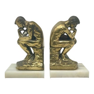 1920s "The Thinker" Brass Statue Marble Base Bookends After Rodin - Set of 2 For Sale