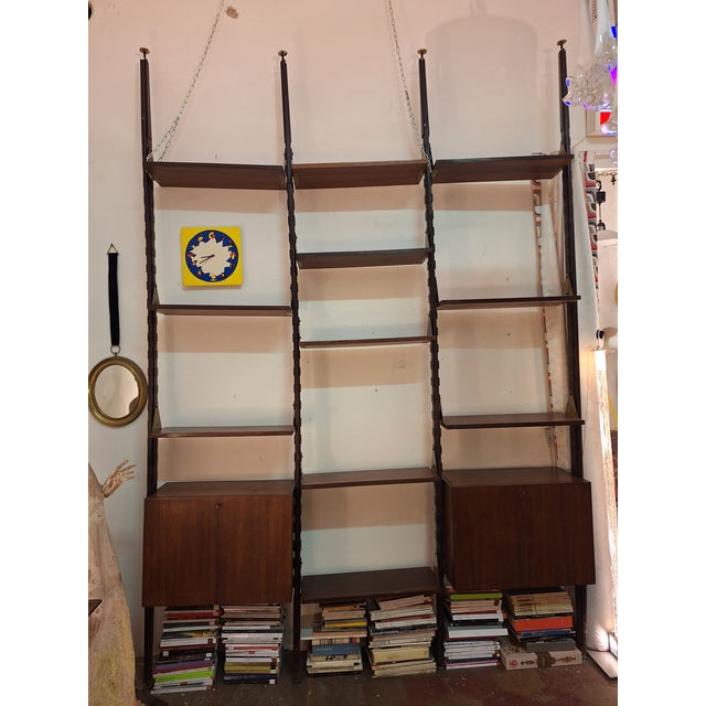 Black Wooden Floor-to-Ceiling Bookcase with Brass Ends, 1950s For Sale - Image 8 of 11