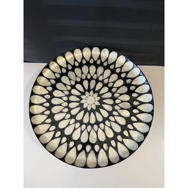Stunning, Handmade Black and Ivory Capiz Shell Inlay Decorative Pedestal Cake Stand Plate . For Sale - Image 4 of 7