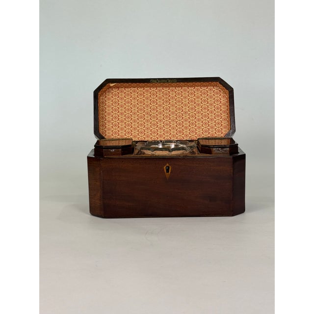 English Octagonal Mahogany English Tea Caddy With Brass Hardware and Mixing Bowl For Sale - Image 3 of 3