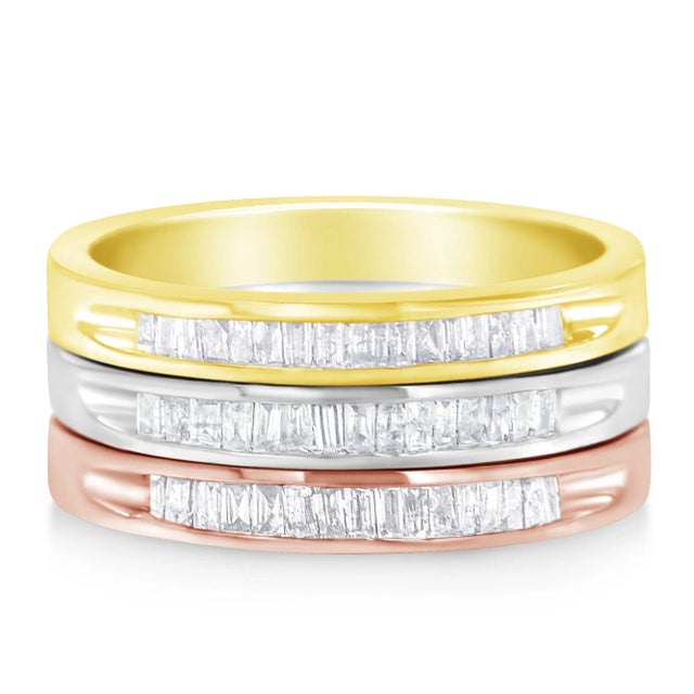 Contemporary 10K Yellow, White and Rose Gold over .925 Sterling Silver 5/8 Cttw Diamond Channel-Set Stackable Band Ring Set (H-I Color, I1-I2 Clarity) - Size 7 For Sale - Image 3 of 7