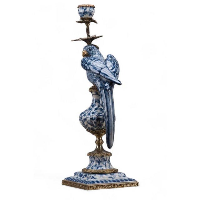 Metal Blue and White Porcelain Parrot Candle Holder With Bronze Ormolu Left and Right Drama For Sale - Image 7 of 8