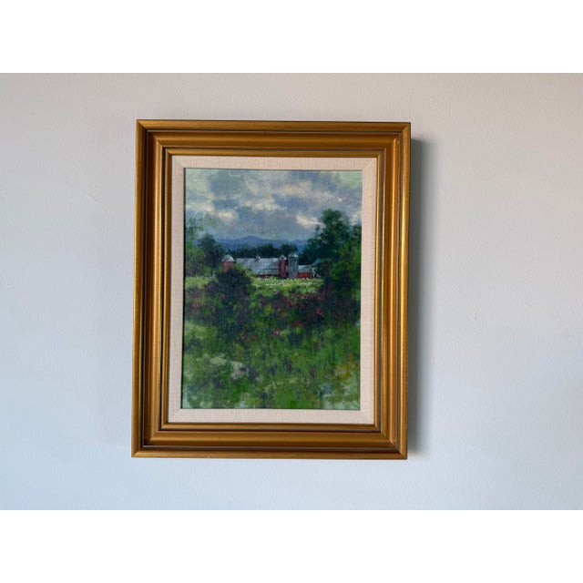 Farmhouse Vintage Impressionist Red Farm Landscape Oil on Board Painting – Signed, Wood Framed For Sale - Image 3 of 12