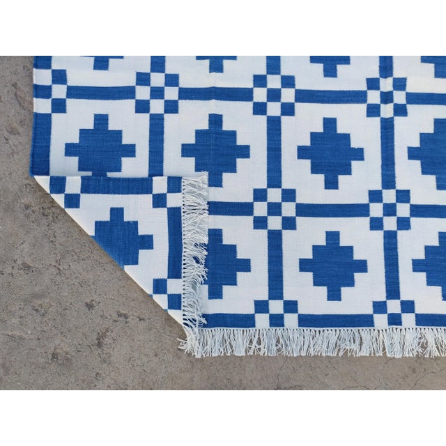 Blue Handmade Cotton Rug, Indigo Blue And White Star Pattern Striped and Cream Fringe - 8'x10' For Sale - Image 8 of 10