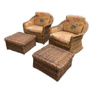 20th Century Kreiss Pair of Wicker Chairs and Ottomans For Sale