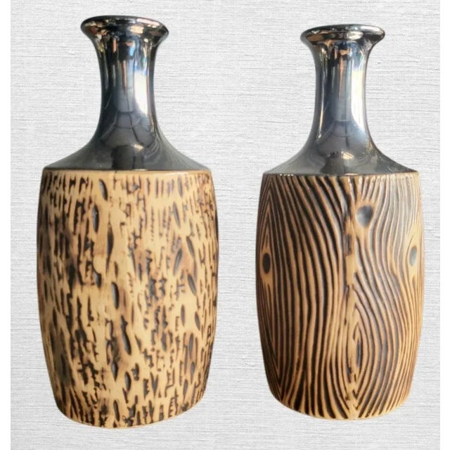 Faux Bois Ceramic Chrome Medium Size Decorative Vases- A Pair For Sale In West Palm - Image 6 of 6