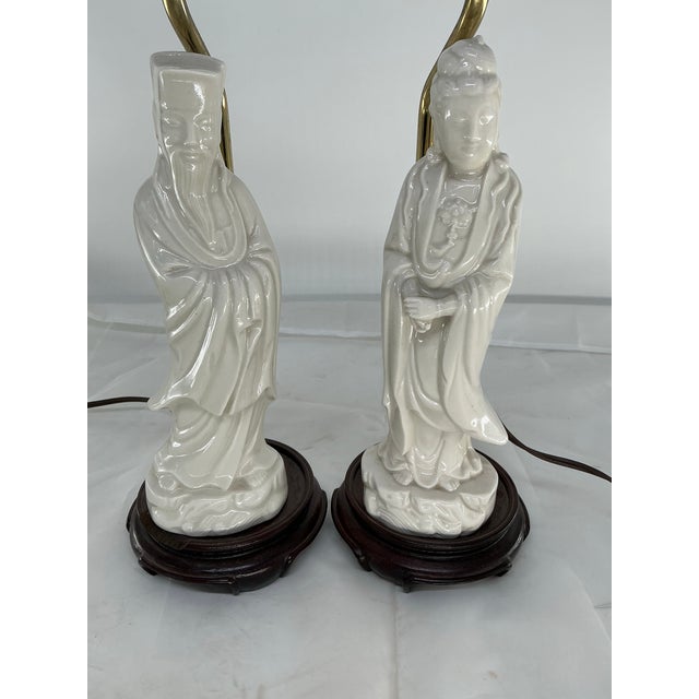 Pair of Asian Style Vintage Blank De Chine Porcelain Figural Lamps For Sale In Providence - Image 6 of 12