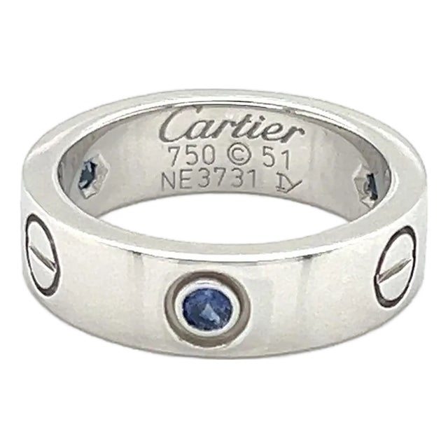 Rare Cartier Love 18k White Gold Blue Sapphire Band Ring w/Paper - Size 5.5 For Sale