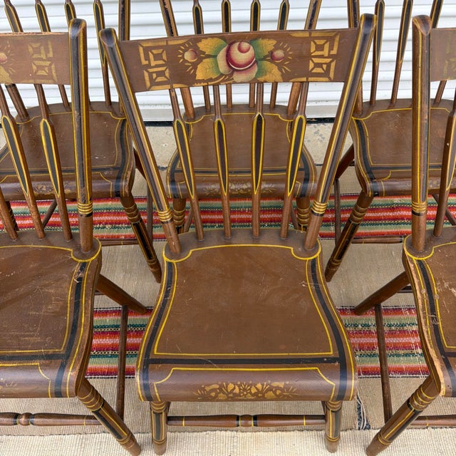 Antique Pennsylvania Folk Art Set of 6 Paint Decorated Arrow-Back Windsor Chairs, Circa 1850s For Sale - Image 4 of 17