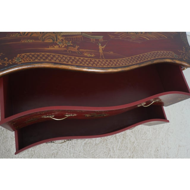 Red & Gold Chinoiserie Serpentine 2 Drawer Commode Dresser For Sale - Image 4 of 16