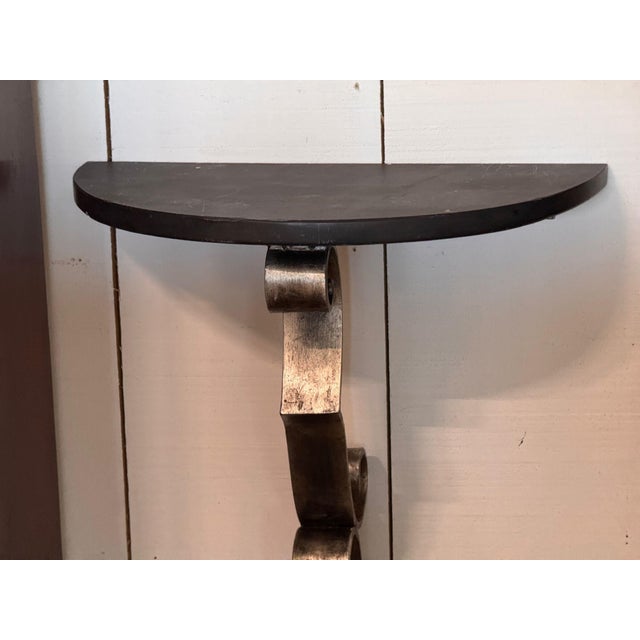 Industrial Steel and Marble Wall Console With Scrolled Bracket For Sale - Image 3 of 7