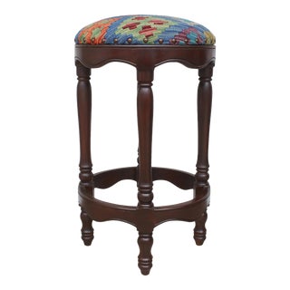 Boho Chic Vintage Tribal Kilim Wood Bar Stool For Sale