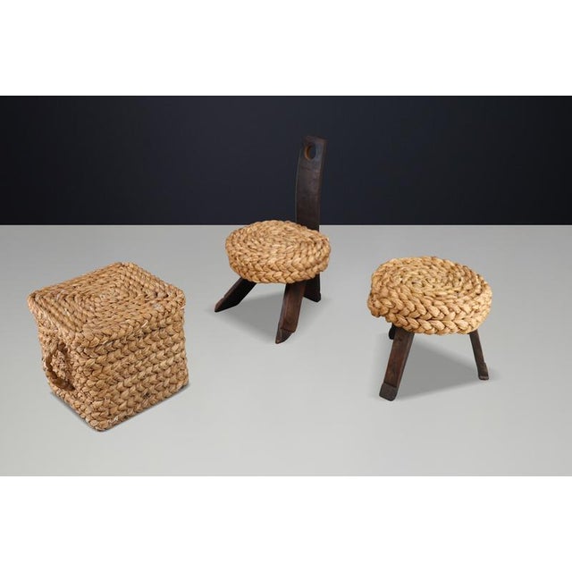 Vintage French Rope Chair with Stool and Basket from Audoux Minet, 1960s, Set of 3 For Sale - Image 11 of 15