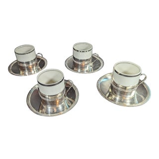 4 Vintage 1980"s Porcelain and Silverplate Demitasse Espresso Cups, and Saucers, Brazil, Fb Rogers Silver For Sale