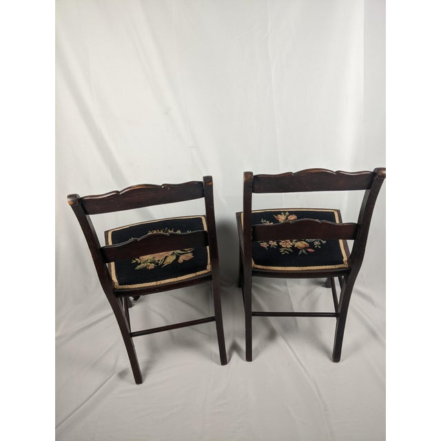 Mid 20th Century Pair of Vintage Tell City Style Dark Wood Chairs With Black Floral Needlepoint Seats For Sale - Image 5 of 14