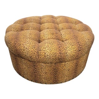 Massive Round Upholstered Tufted Leopard Ottoman For Sale