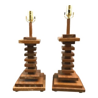 Mid-20th Century Stacked Wooden Lamps - A Pair For Sale