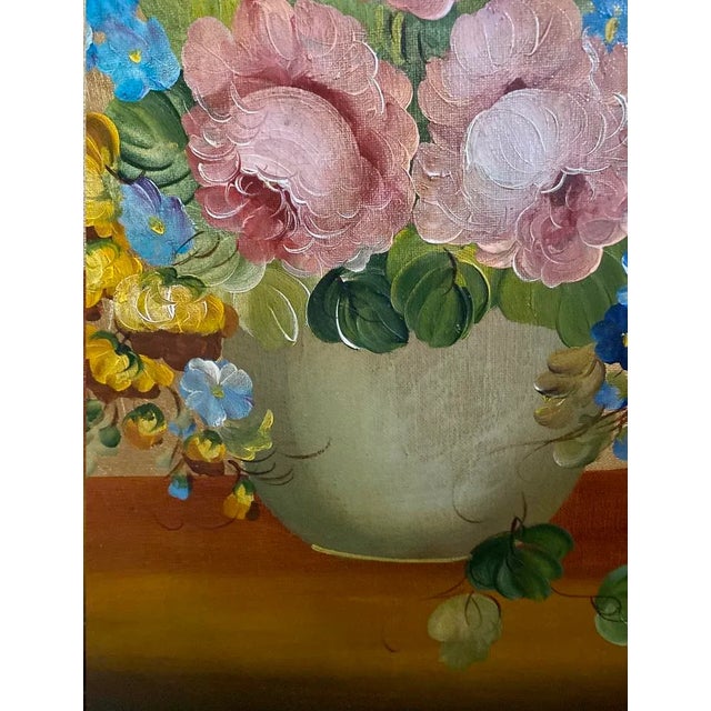 Mid 20th Century Floral Still Life Oil Painting with Carved Wood Frame For Sale - Image 4 of 13