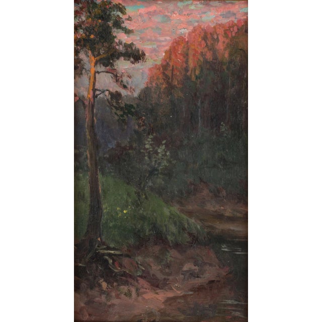 Sunset landscape on the river. Apparently depicts the bend of a small river, overlooking the high bank, and the top of the...