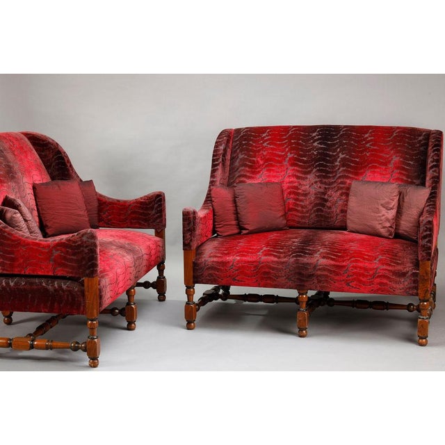 Large Louis XIII Sofas in Burgundy Red Velvet, 1900s, Set of 2 For Sale - Image 3 of 17