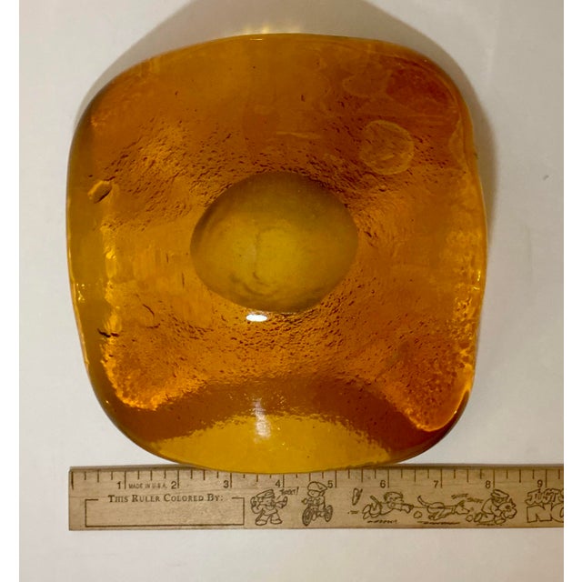 Mid-Century Blenko Wayne Husted Amber Freeform “Amoeba” Art Glass Bowl Sandblasted Makers Mark For Sale - Image 10 of 12