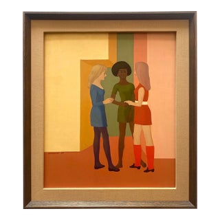 Pierre Georgeot Vintage 1970 Mid Century Modernist " Trois Aimes " Original Framed Paris Pop Art Oil Painting For Sale
