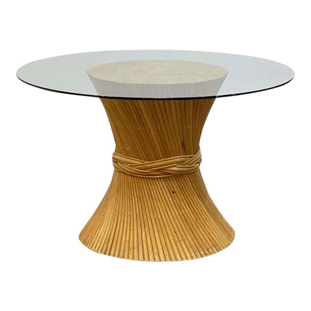 Rattan Round or Center Table With Glass Top (Dia 47 1/2) - Attributed to McGuire For Sale