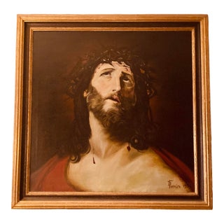Antique Oil Portrait of Jesus Christ With Crown of Thorns Shoulder Draped With Scarlet Robe Painted in 1922 D Ferreiro For Sale