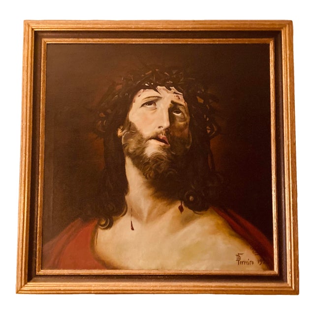 Antique Oil Portrait of Jesus Christ With Crown of Thorns Shoulder Draped With Scarlet Robe Painted in 1922 D Ferreiro For Sale