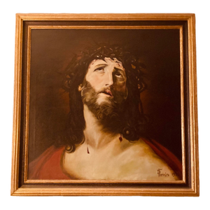 Antique Oil Portrait of Jesus Christ With Crown of Thorns Shoulder Draped With Scarlet Robe Painted in 1922 D Ferreiro