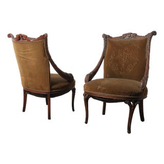 Pair of Antique French Carved Walnut Armchairs With Velvet Upholstery For Sale