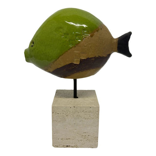 Ivo De Santis Glazed Pottery Fish Sculpture on Travertine Base for Gli Estruschi For Sale