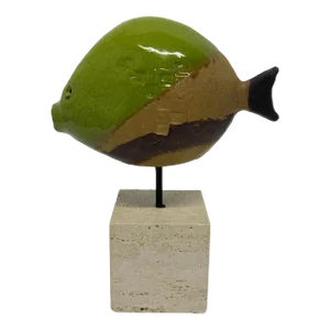 Ivo De Santis Glazed Pottery Fish Sculpture on Travertine Base for Gli Estruschi