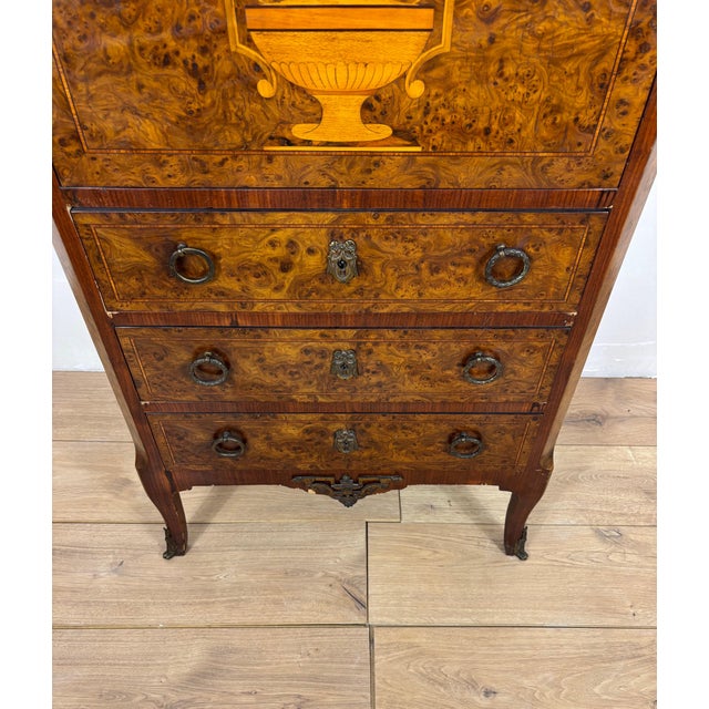French Louis XVI Style Burl Wood Secretary Chest with Marble Top, 1930s For Sale - Image 12 of 15