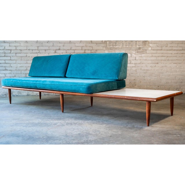 Adrian Pearsall style walnut wood daybed sofa, circa 1950s. Large presence, over 8.5ft in length. Walnut frame, clean...