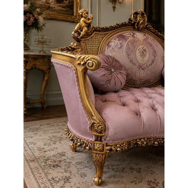 Rose 1940 French Artisan Louis XVI Gold Rose Beech Settee For Sale - Image 8 of 18