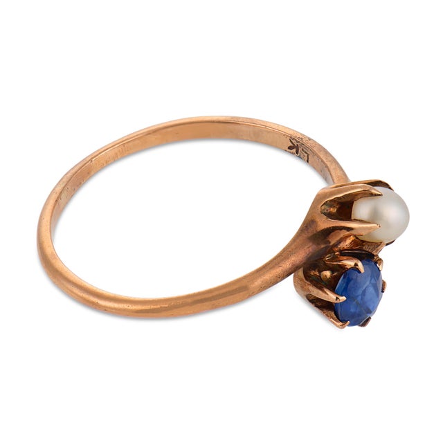 Early 20th Century Victorian Sapphire Pearl Low Karat Gold Toi Et Moi Ring, Size 6.25 For Sale - Image 4 of 6