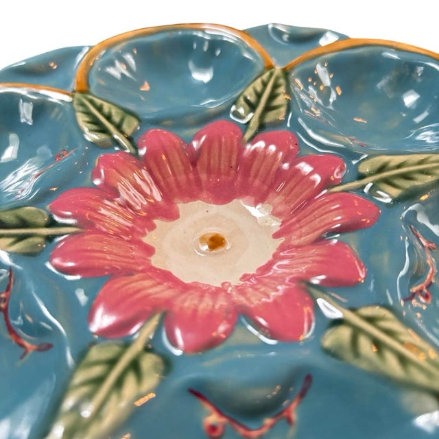 Antique French Majolica Turquoise Water Lily Oyster Plate For Sale - Image 4 of 5