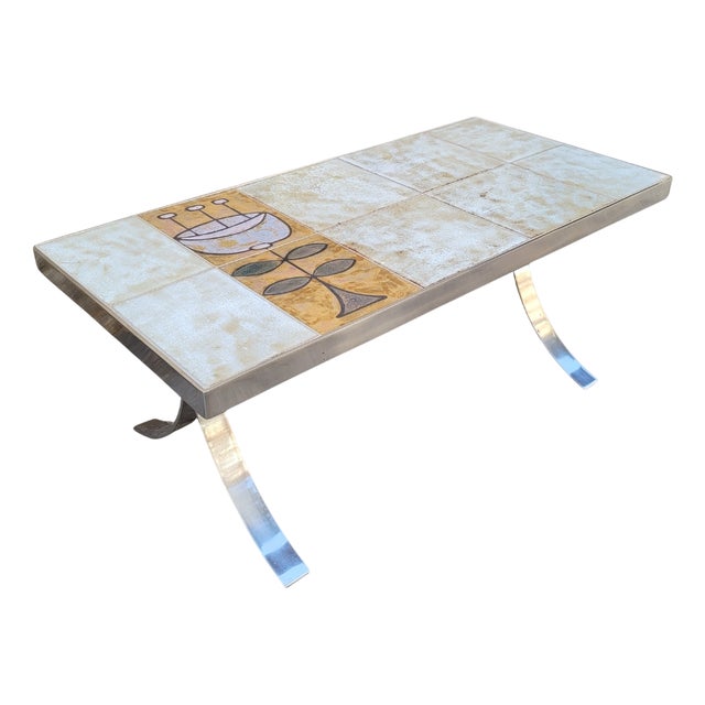 Mid-Century Coffee Table in Ceramic and Chrome-Plated Steel by Jean Gregorieff for Roche Bobois, France, 1970s For Sale