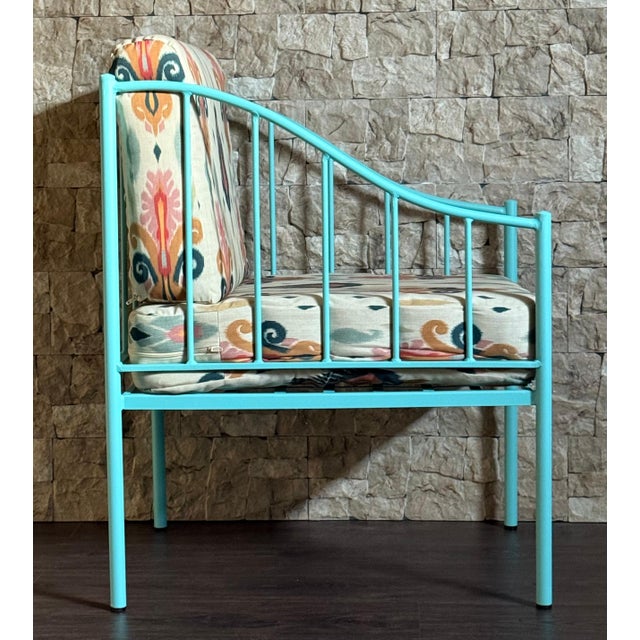Pair of Wrought Iron Turquoise Lounge Chairs with Outdoor Geometrical Fabric For Sale - Image 11 of 18