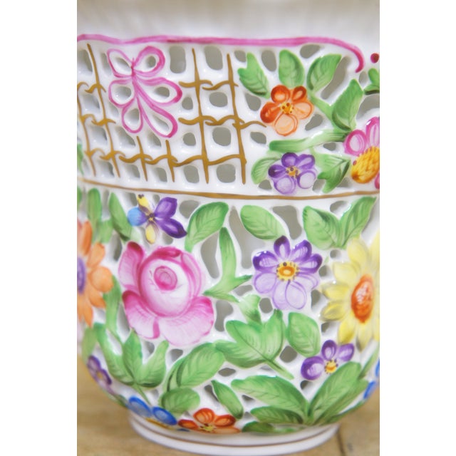 Vintage Herend Hungary Handpainted Openwork Basketweave Pierced Porcelain Vase For Sale - Image 9 of 14