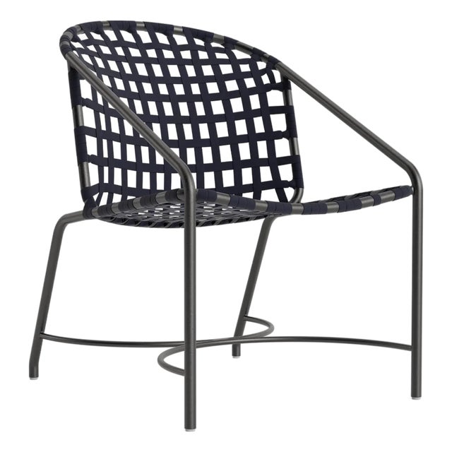 Brown Jordan Kantan Aluminum Suncloth Arm Chair, Textured Pewter frame with Marine fabric For Sale