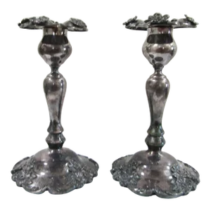 Pair of 1920s Middletown Silver Co Art Nouveau Floral Candlesticks