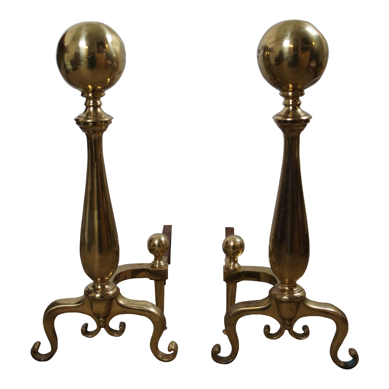 Antique Scrolled Brass Cannon Ball Fireplace Andirons Firedogs