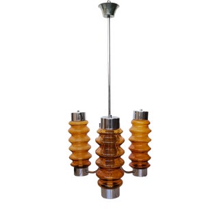Tall Mid-Century Modern Chandelier in Amber Brown Glass and Chrome, 1970s For Sale