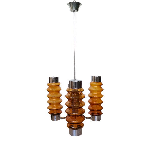 Tall Mid-Century Modern Chandelier in Amber Brown Glass and Chrome, 1970s For Sale