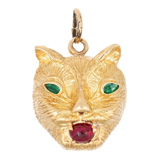 Vintage Panther Pendant 14k Yellow Gold Emerald Ruby Fine Animal Jewelry For Sale