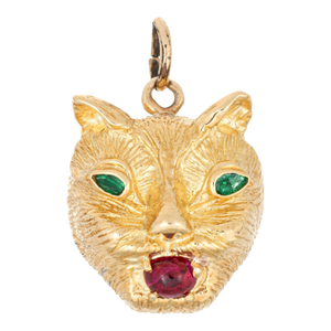 Vintage Panther Pendant 14k Yellow Gold Emerald Ruby Fine Animal Jewelry