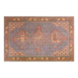 1930s Blue Medallion Antique Jerusalem Rug 5'10" X 9'0" Handknotted Wool Carpet For Sale