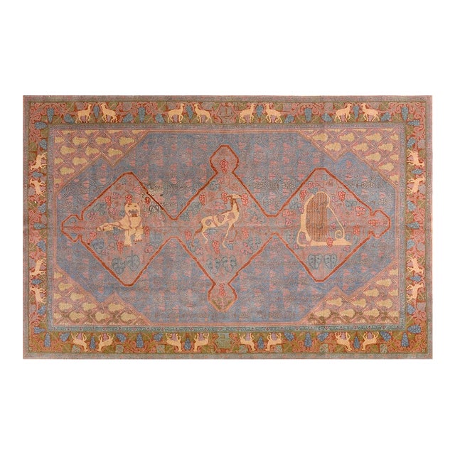 1930s Blue Medallion Antique Jerusalem Rug 5'10" X 9'0" Handknotted Wool Carpet For Sale